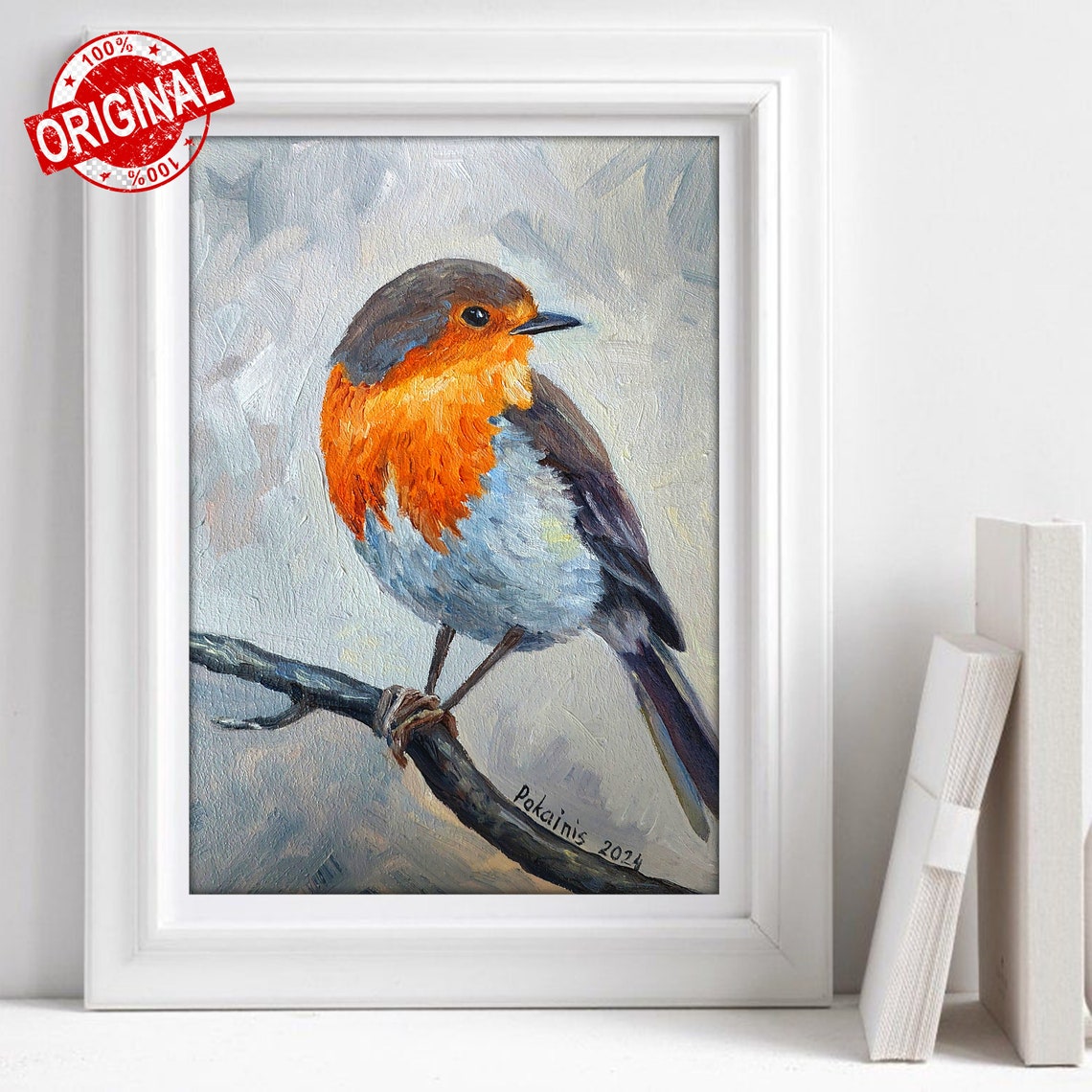 European Robin Close Up Original Oil Painting Bird Art Poster - Image 4
