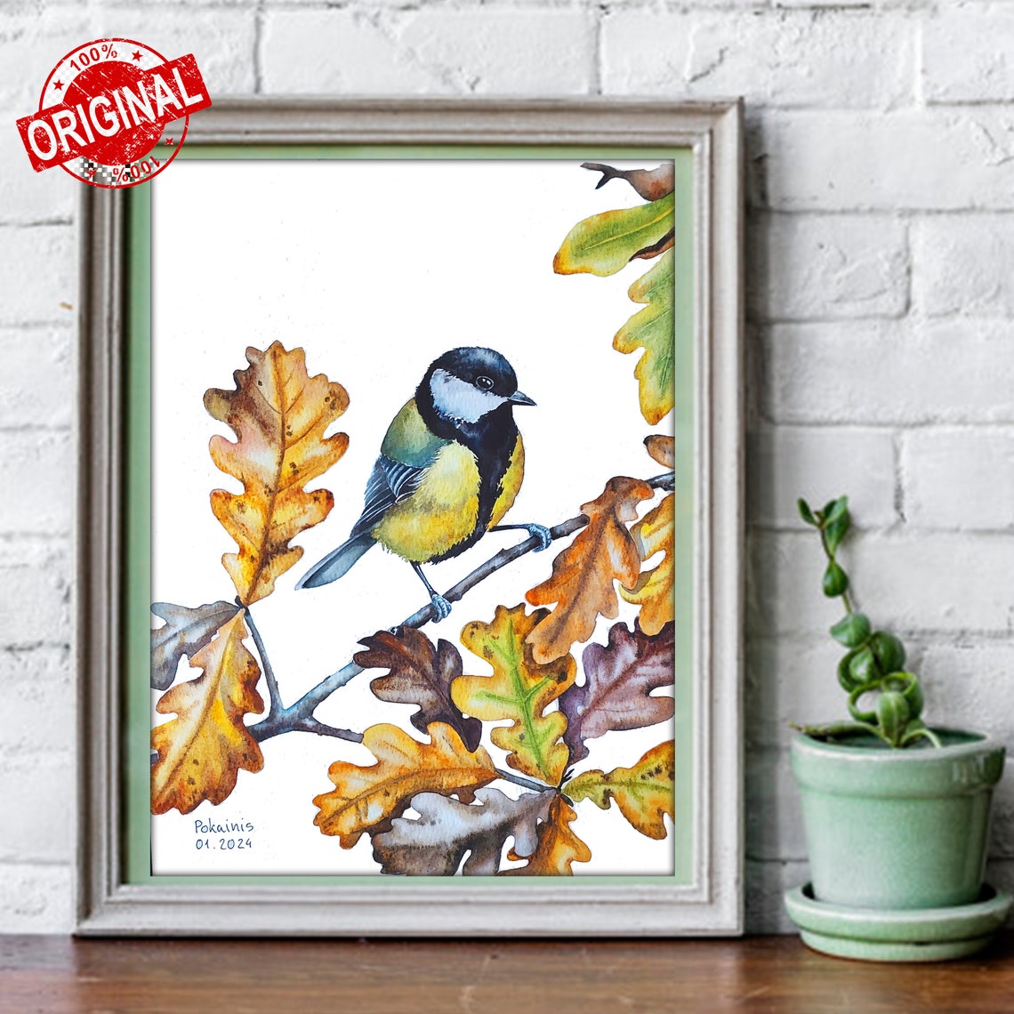 Great Tit Watercolor Bird Poster Perched On Autumn Oak Branch - Image 2