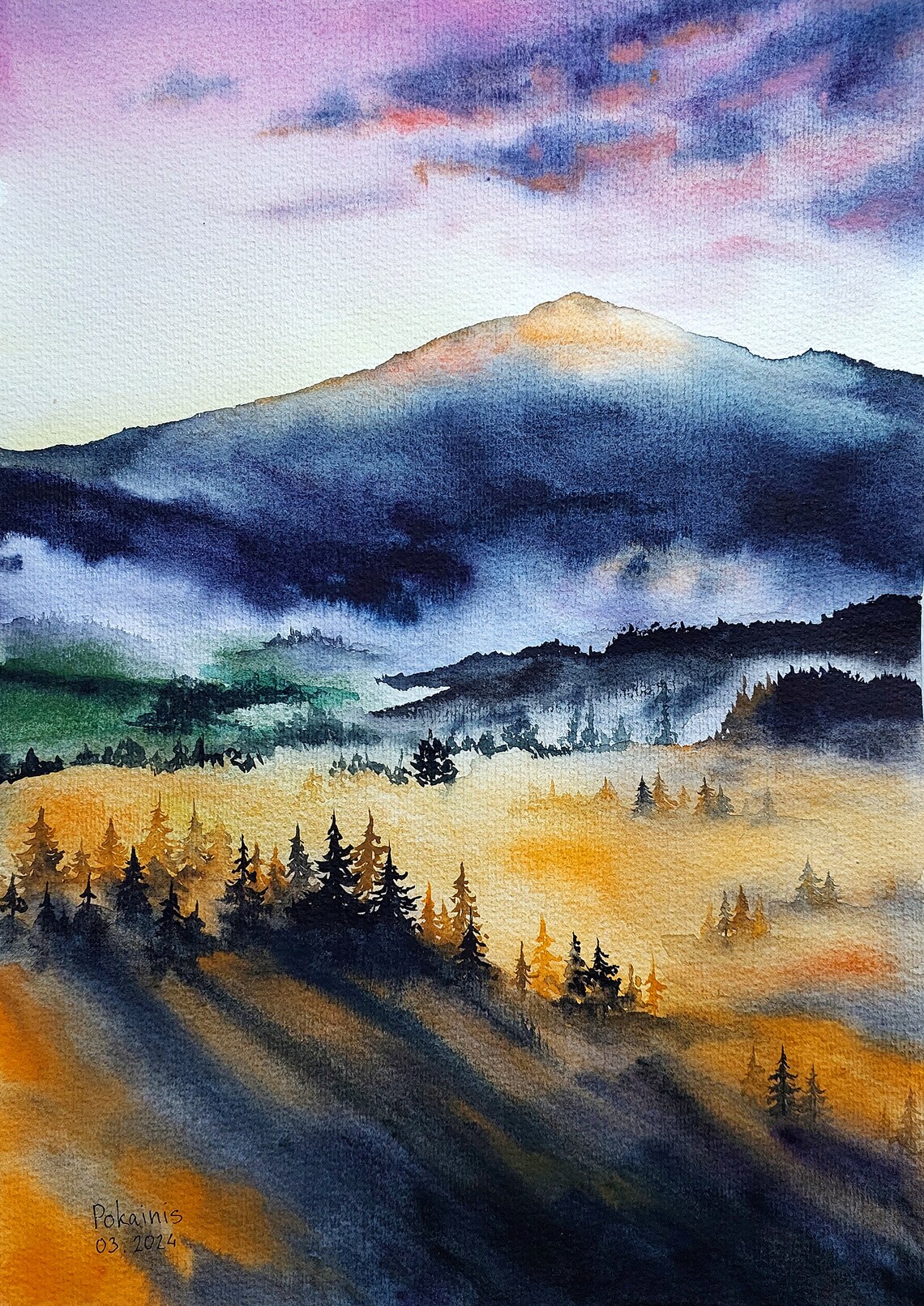 Misty Forest Sunset Mountain Landscape Art Print