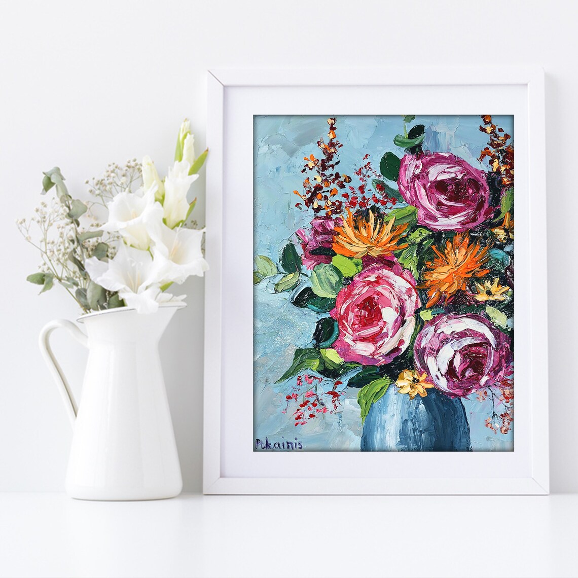 Pink Rose Bouquet Impasto Oil Painting Poster In Light Blue Vase - Image 3