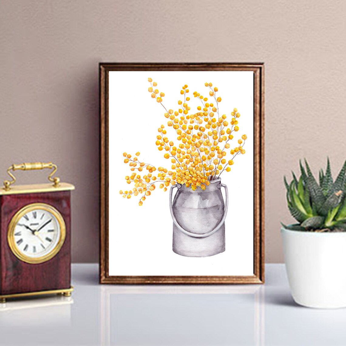 Mimosa Blossoms Overflowing Grey Milk Can Watercolor Floral Poster - Image 4