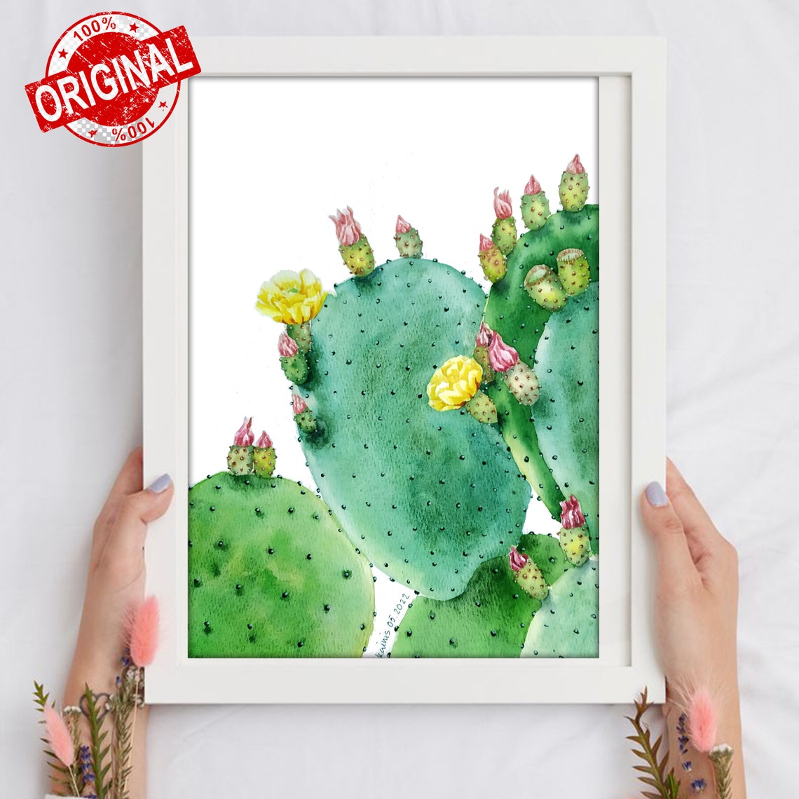 Prickly Pear Cactus Pads with Yellow Flowers Watercolor Art Poster - Image 2
