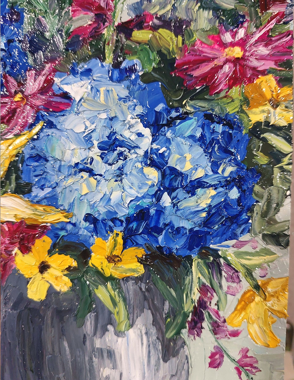 Blue Hydrangeas and Golden Daisies Bouquet Vase Impasto Oil Poster - Image 2