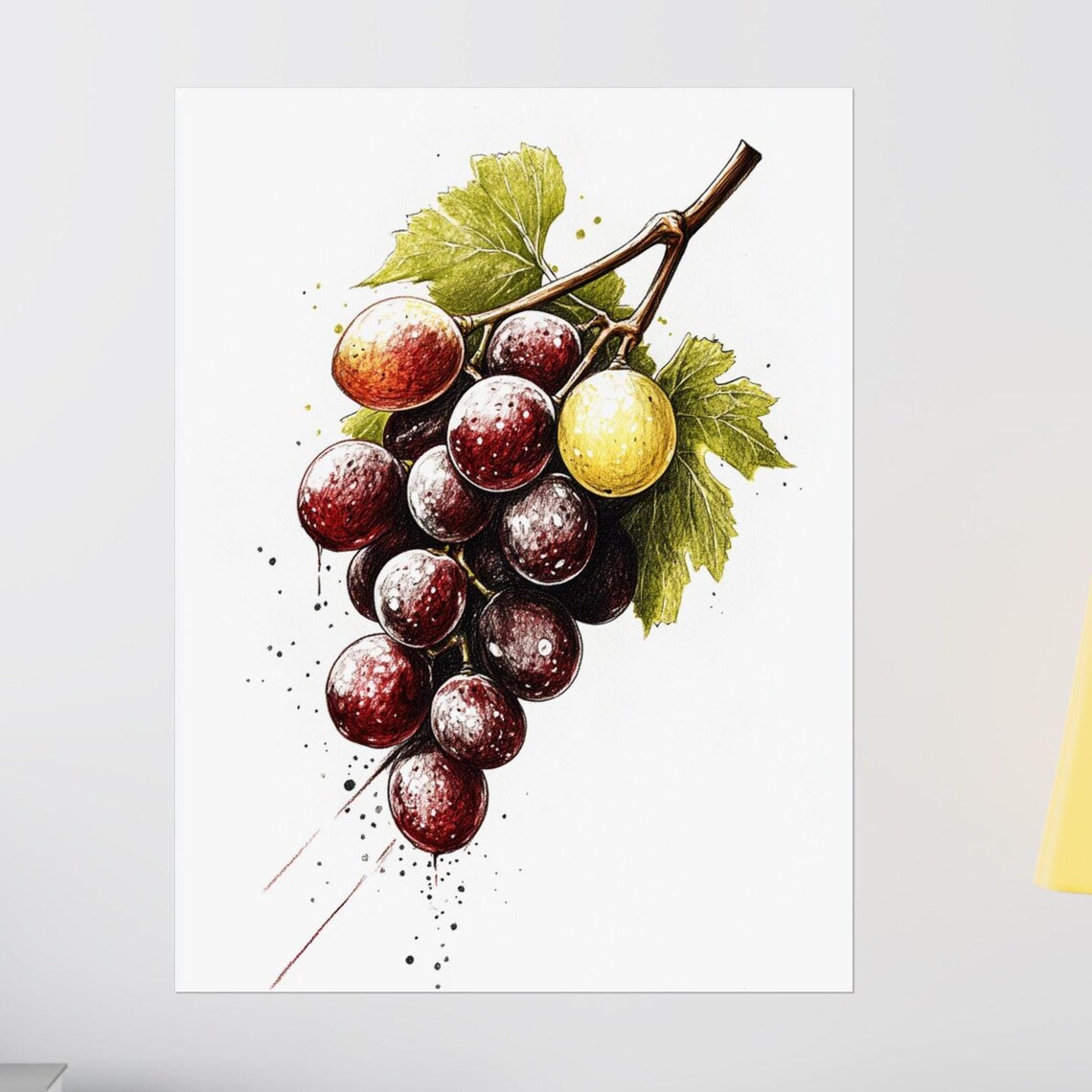 Dark Red Grape Cluster With Vine Leaves Watercolor Fruit Poster