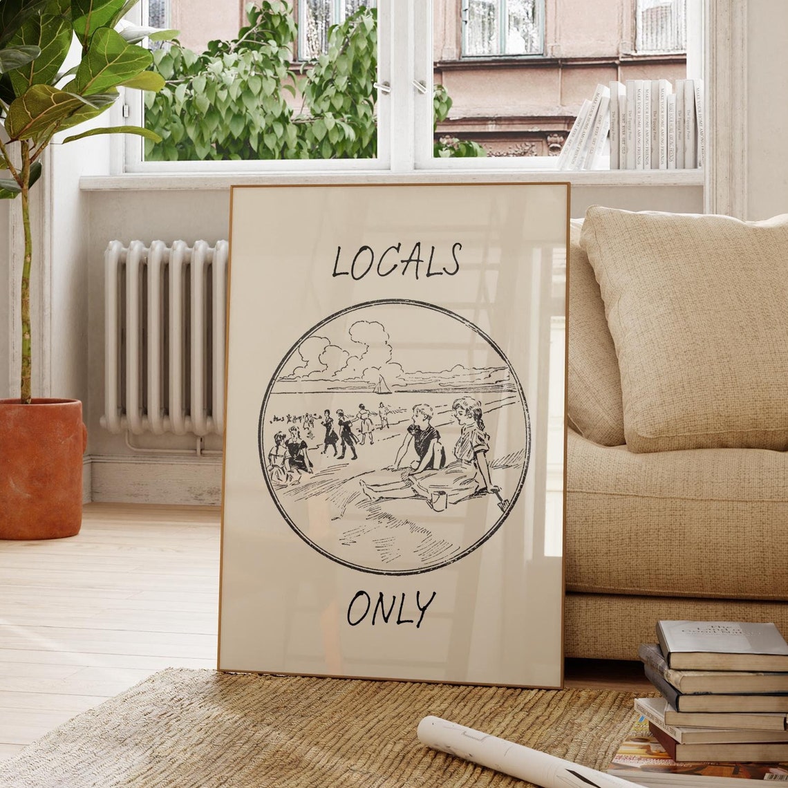 Locals Only Vintage Beach Scene Retro Coastal Etching Art Poster