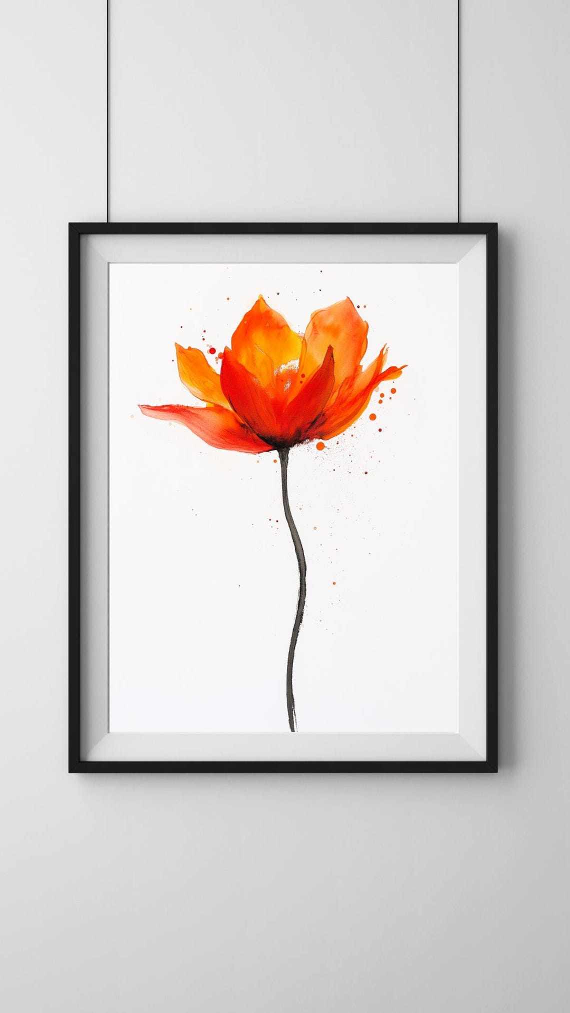 Single Orange Poppy Bloom Watercolor Splash Minimalist Poster