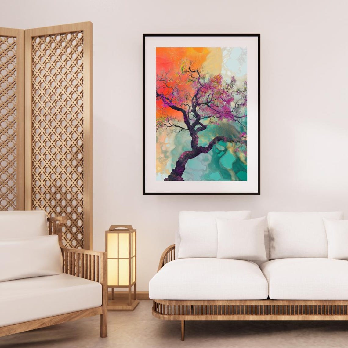 Twisted Blossom Tree Against Orange And Teal Abstract Sky Poster - Image 3