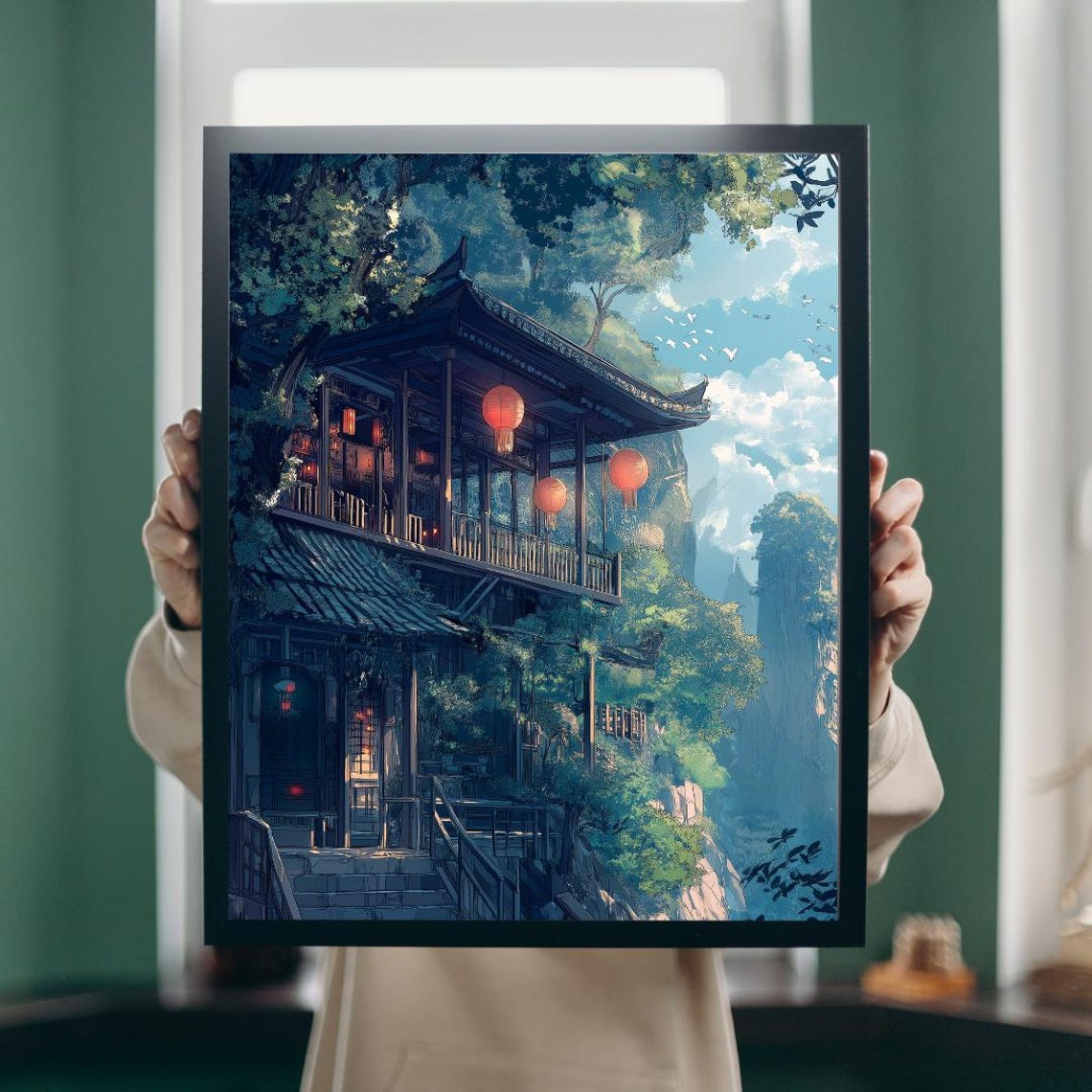 Anime Japanese Teahouse with Red Lanterns on Cliff Forest Poster - Image 5