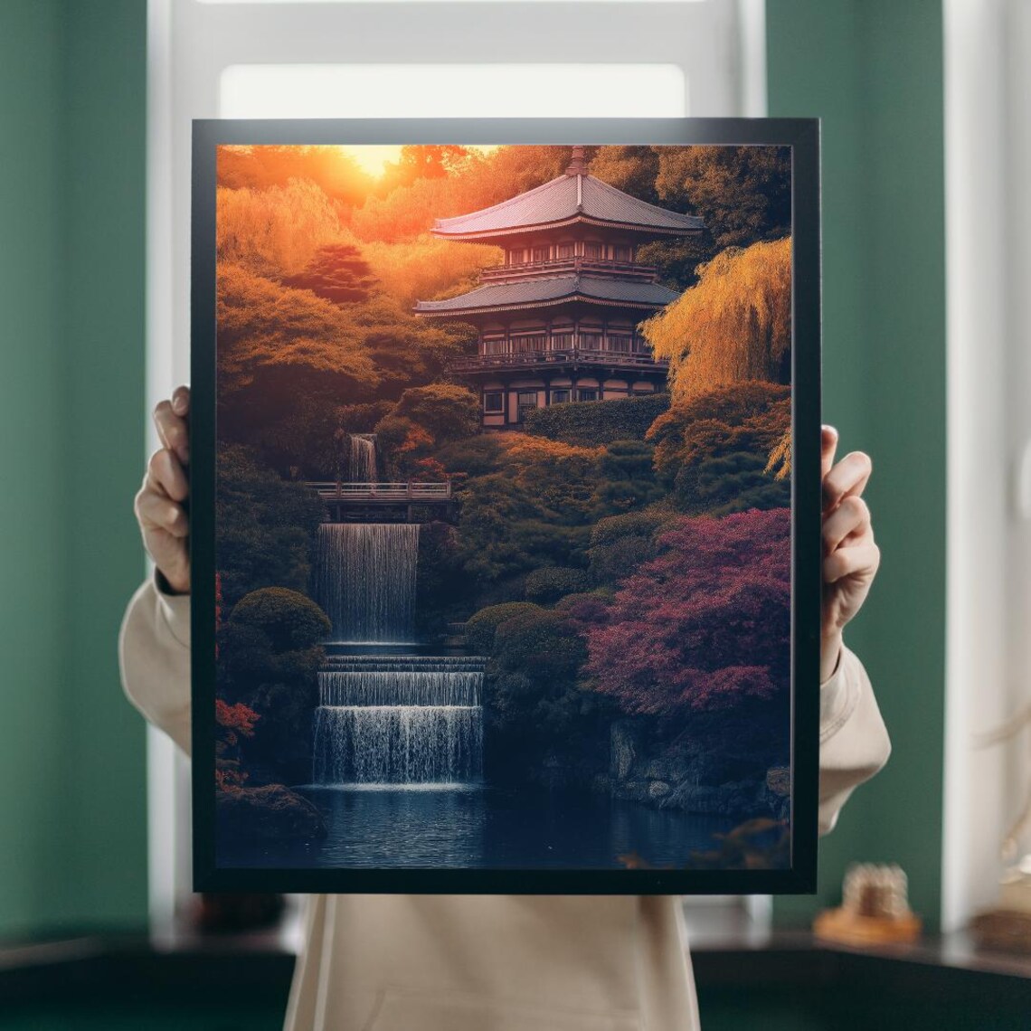 Japanese Pagoda by Waterfall at Sunset Autumn Garden Art Poster - Image 5