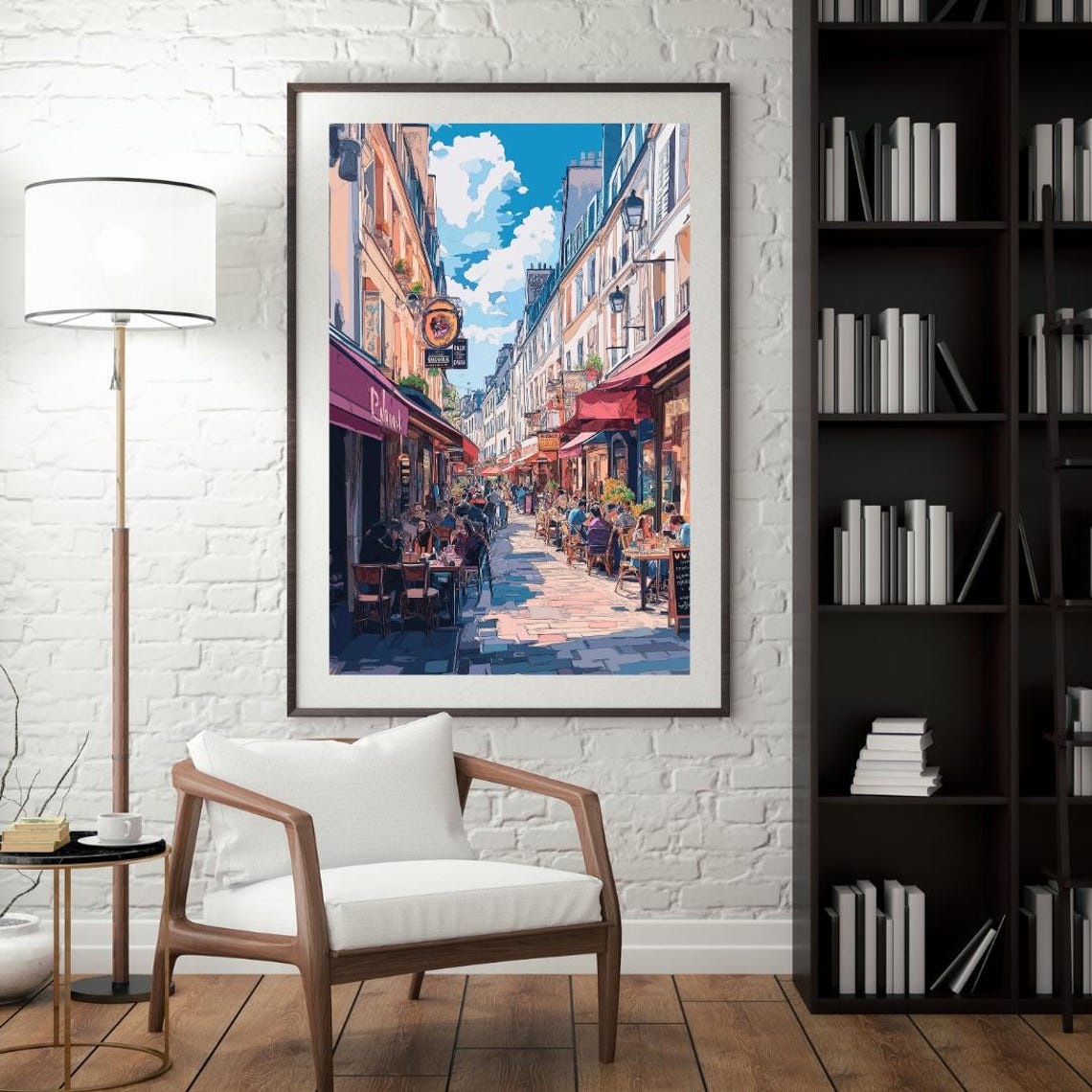 Busy Parisian Cafe Terrace On Cobblestone Street Illustration Poster - Image 4