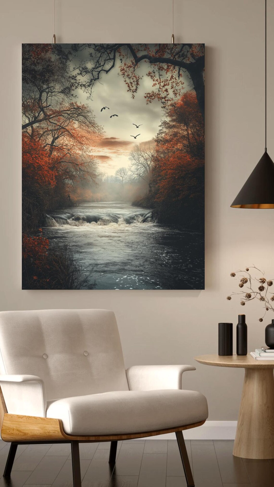 Moody Autumn Forest River Waterfall With Birds At Dusk Poster - Image 4
