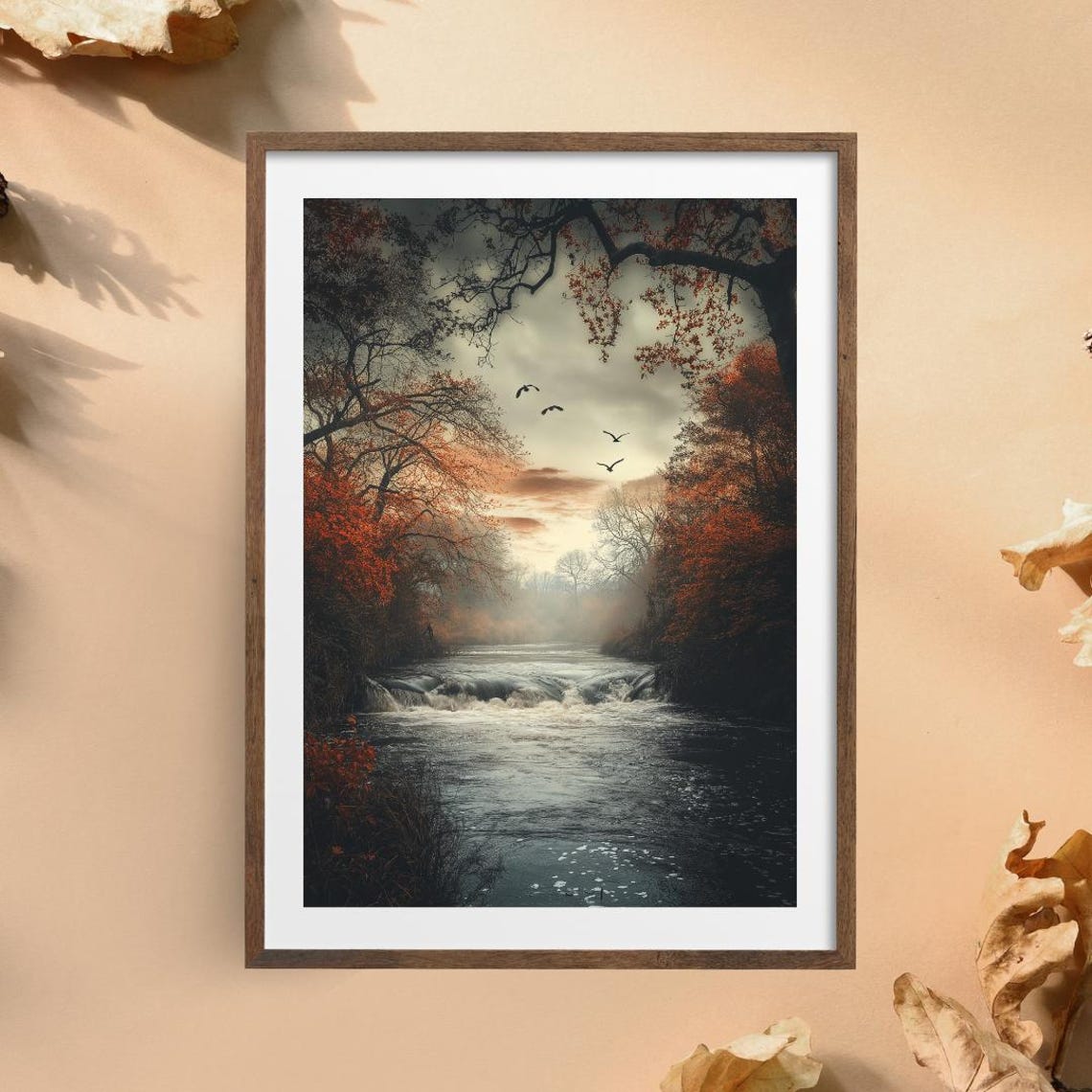 Moody Autumn Forest River Waterfall With Birds At Dusk Poster