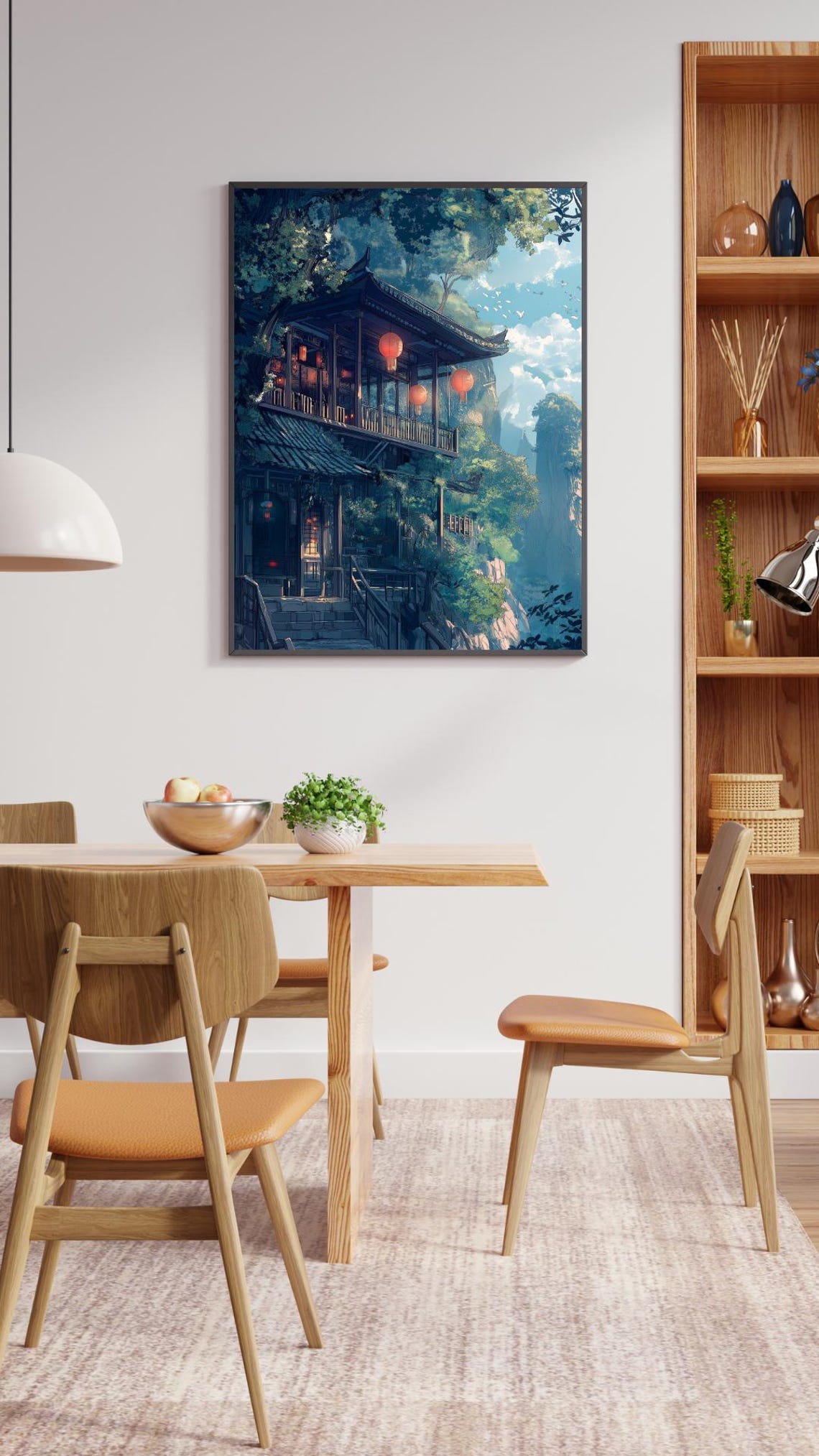Anime Japanese Teahouse with Red Lanterns on Cliff Forest Poster - Image 2