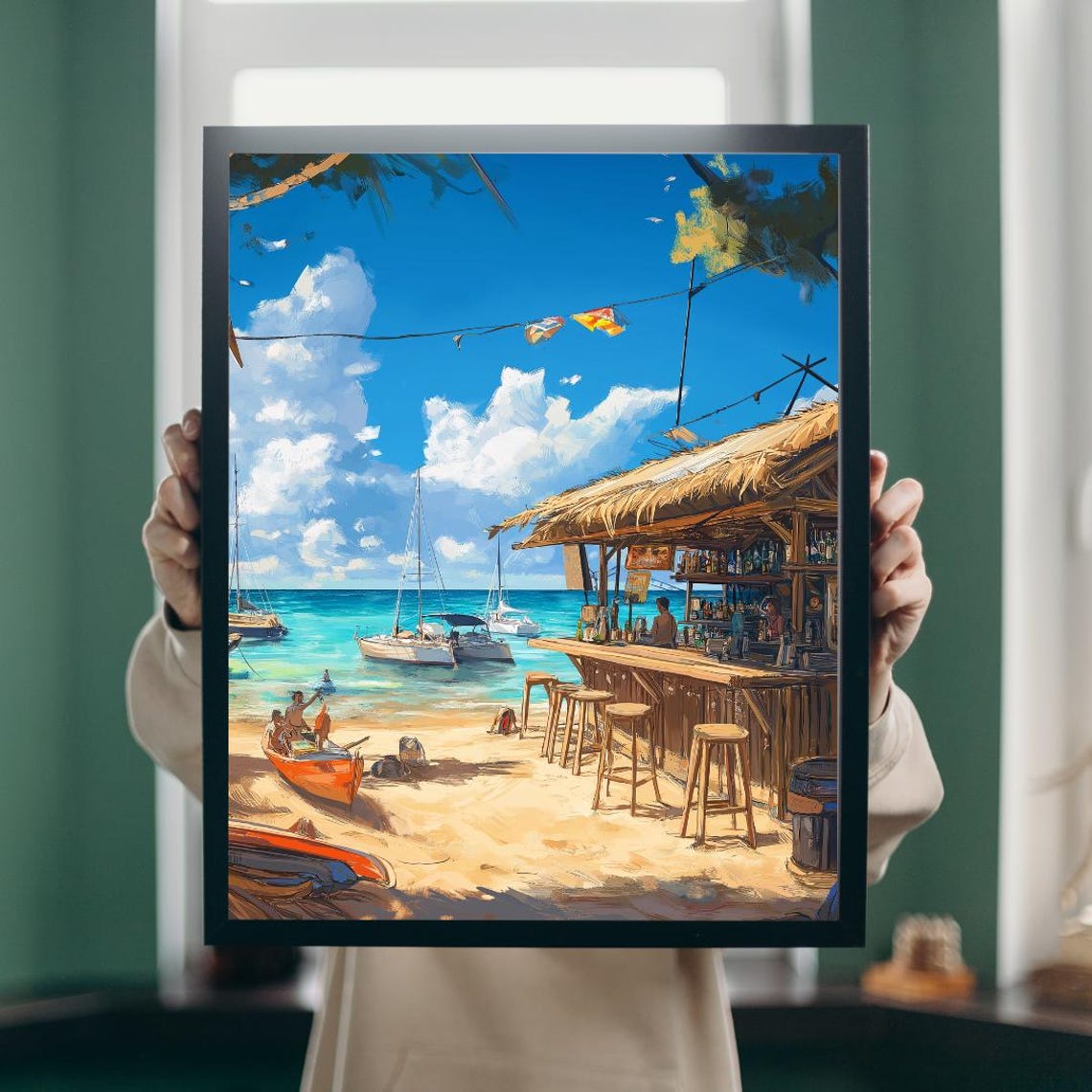 Tropical Beach Bar with Sailboats on Turquoise Waters Poster - Image 5