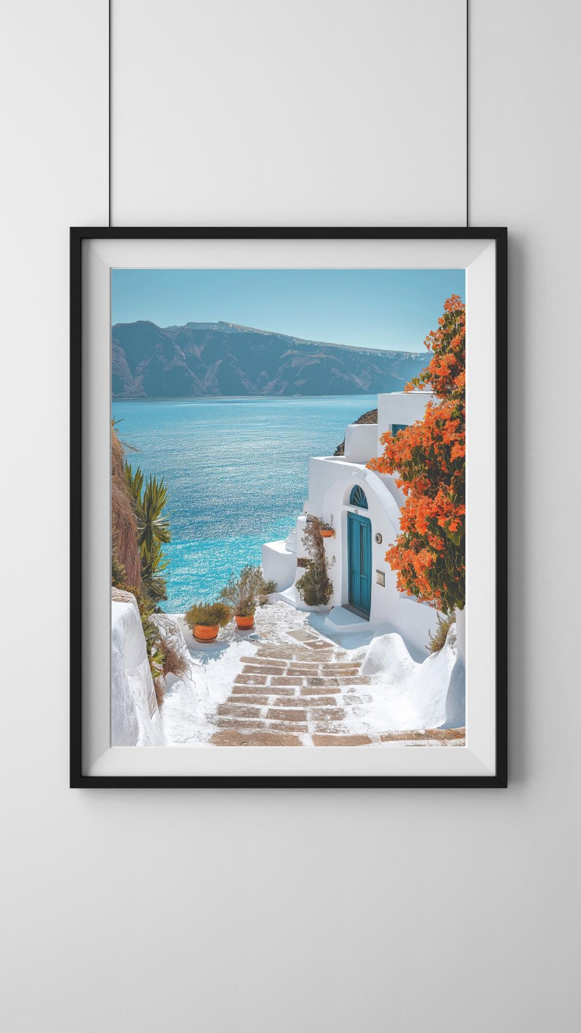 Santorini Whitewashed Street With Blue Door And Bougainvillea Poster