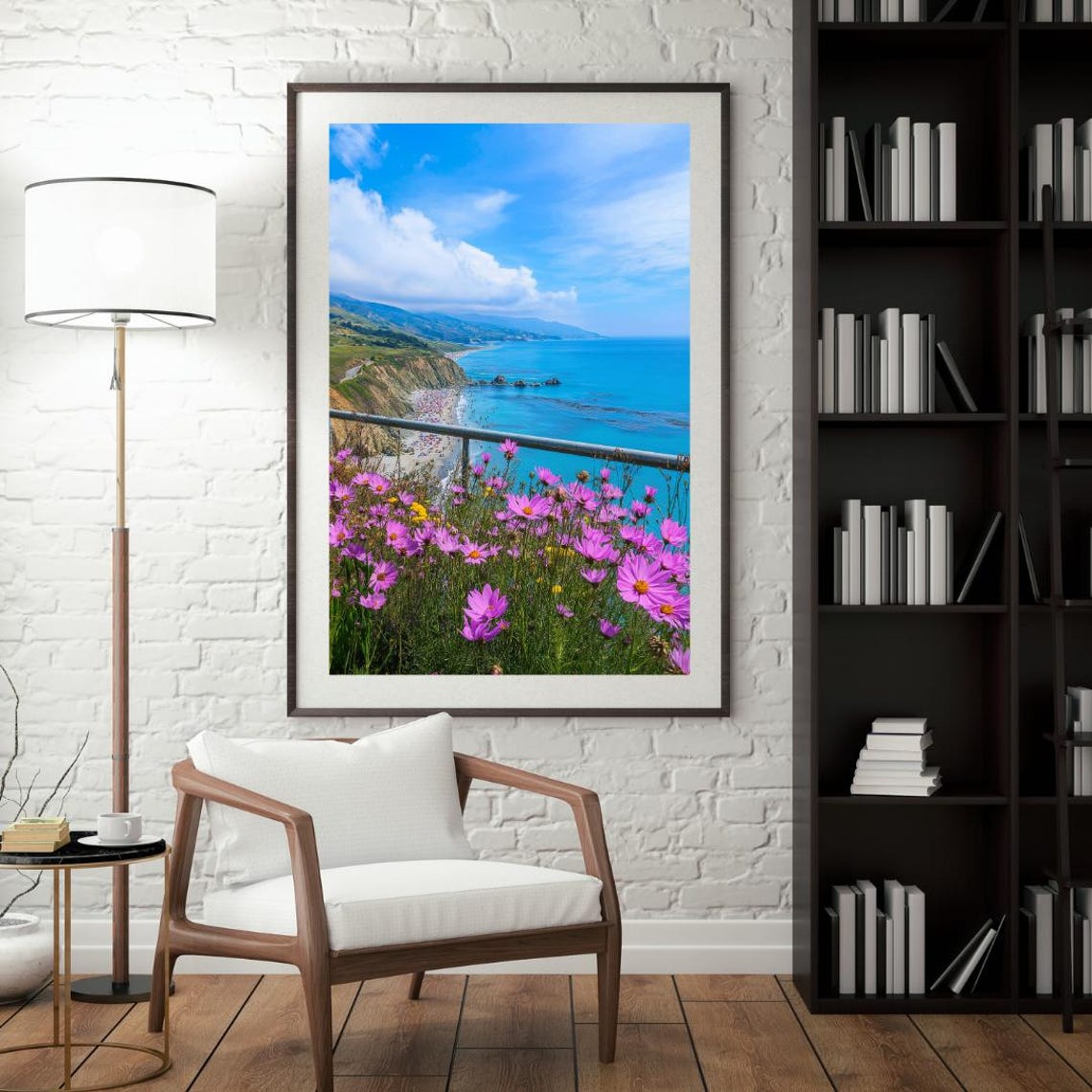Pink Wildflowers On Cliff Top Overlooking Beach And Blue Sea Poster - Image 4