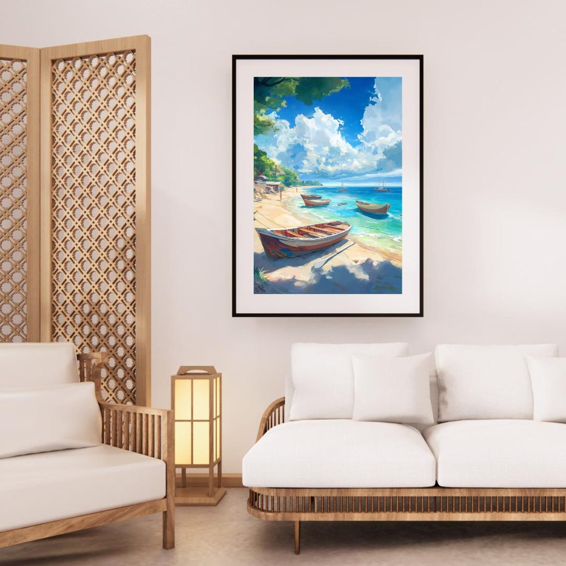 Painted Wooden Boats On Shoreline With Sailboats And Clouds Poster - Image 3