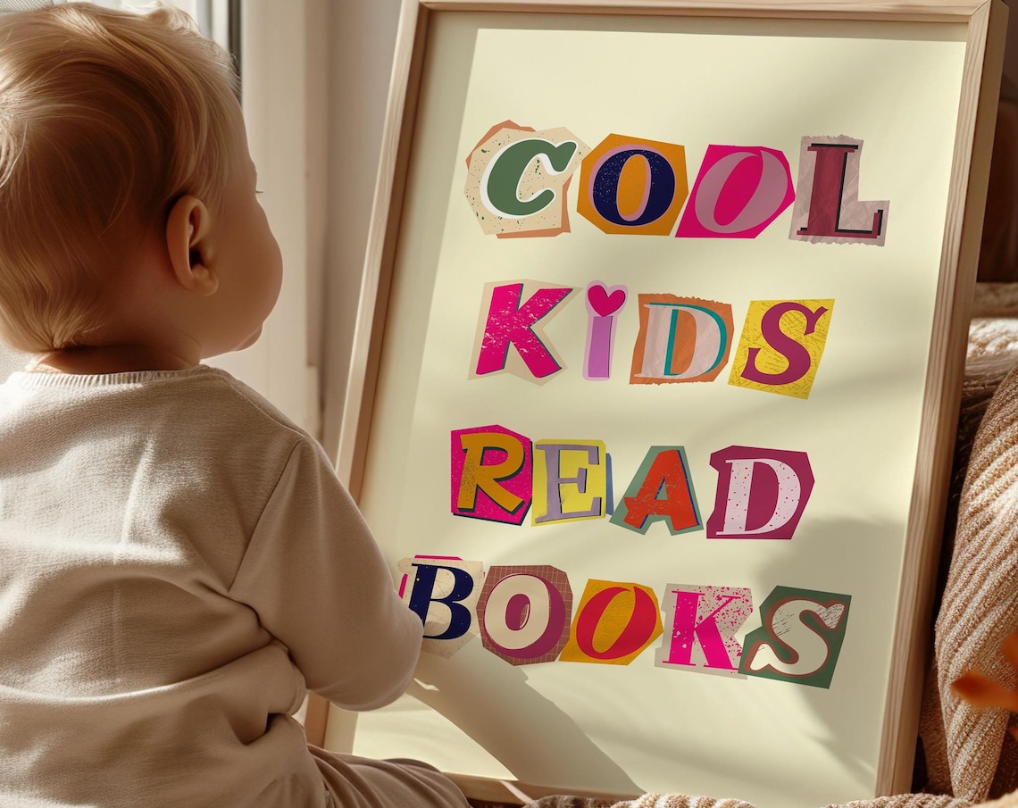 Cool Kids Read Books Colorful Collage Letters Kids Room Wall Art