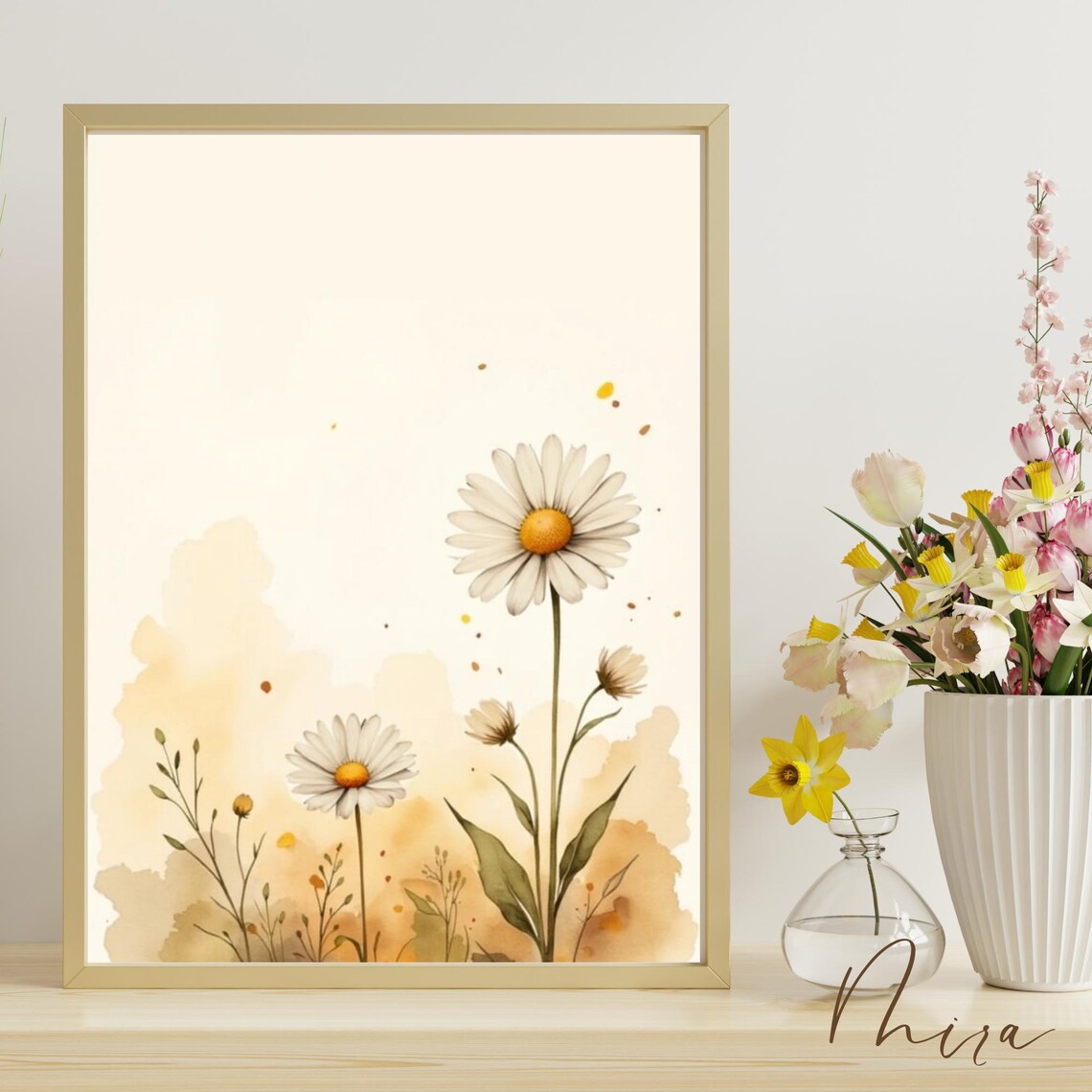White Daisy Watercolor Wildflowers Beige Japandi Art Wall Poster