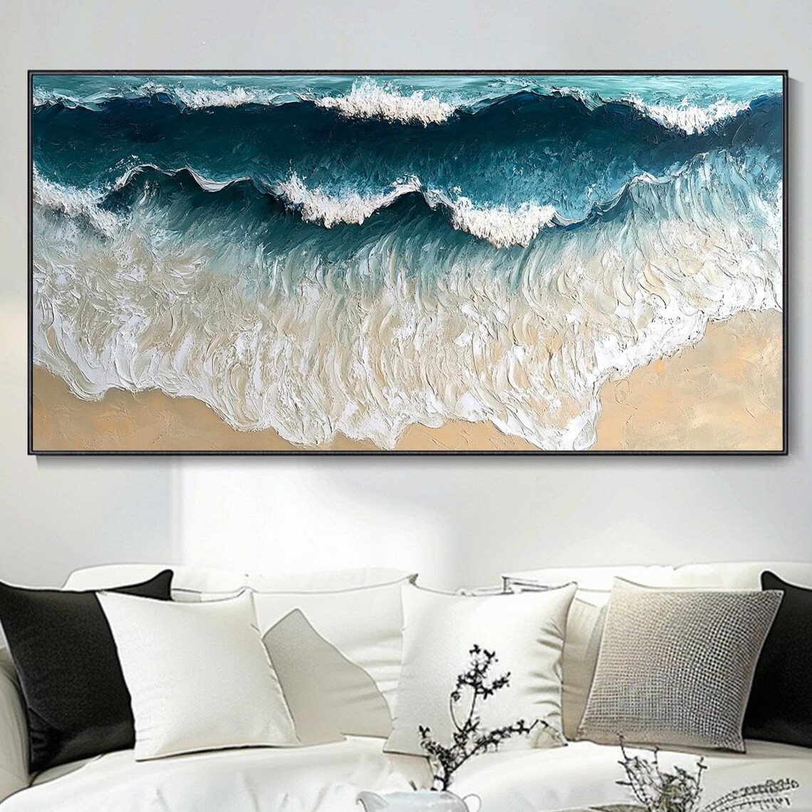 Aerial Ocean Waves Crashing Sand Beach Turquoise Impasto Art Poster