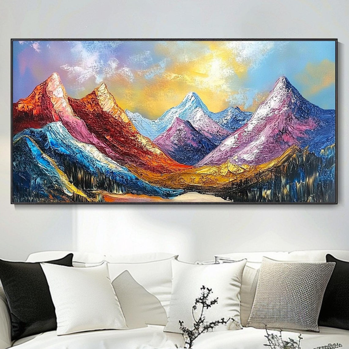 Colorful Mountain Peaks Sunrise Red Blue Violet Landscape Poster