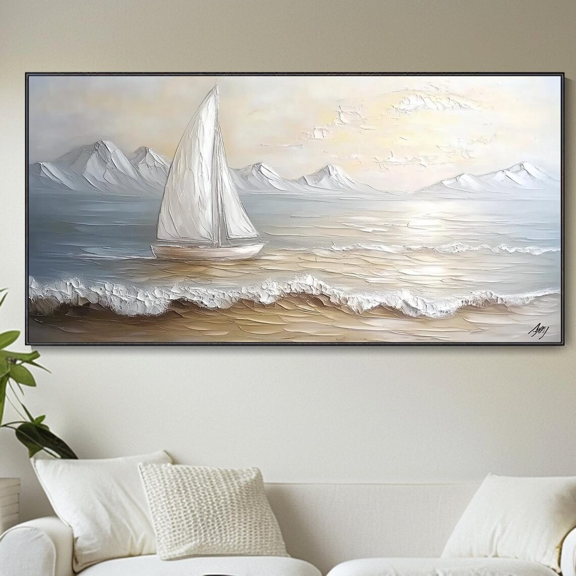 White Sailboat Calm Sea Snowy Mountains Muted Seascape Art Poster