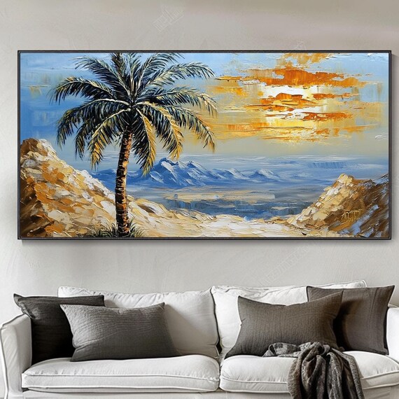 Sunrise Landscape Original Oil Painting Abstract Coconut Tree Mural Decor Art Fireplace Wall Decor Custom Desert Art Knife Texture Hand Wall