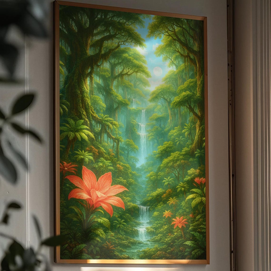 Lush Green Tropical Jungle Waterfall Big Orange Flower Wall Poster