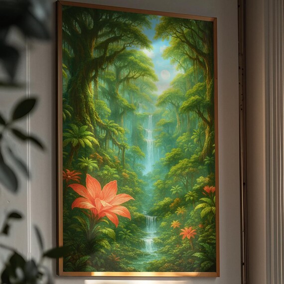 Lush Green Tropical Jungle Waterfall Big Orange Flower Wall Poster