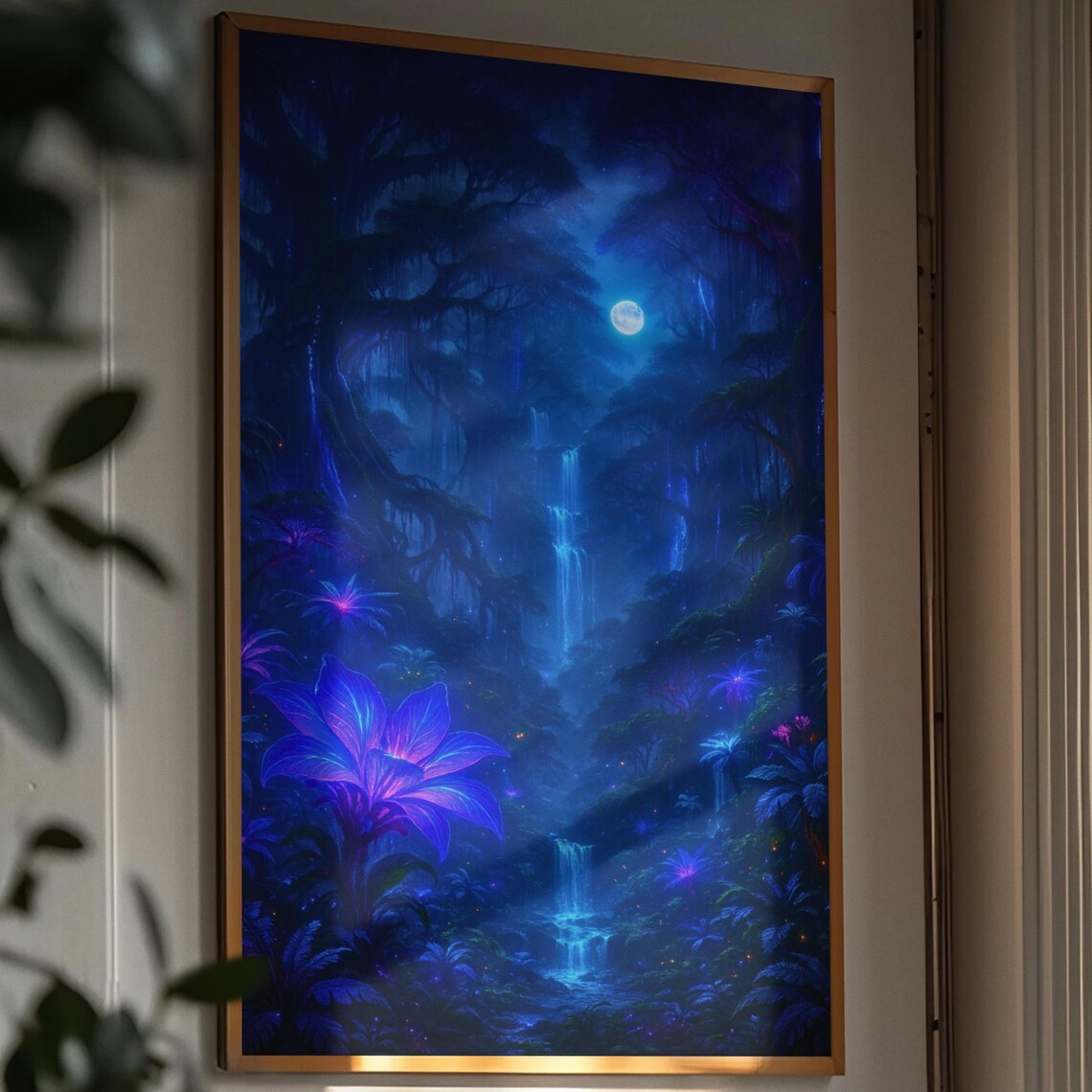 Bioluminescent Blue Jungle Waterfall Mystical Moonlit Forest Wall Poster