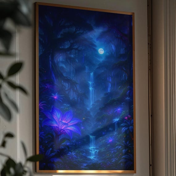 Bioluminescent Jungle Print Mystical Blue Forest Landscape