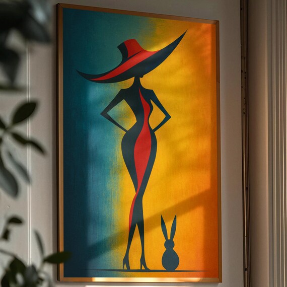 Stylish Woman In Red Dress Hat Abstract Geometric Figure Wall Poster