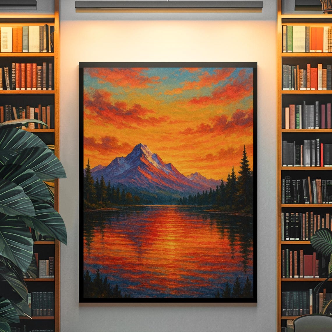 Vibrant Mountain Sunset Lake Painting With Dramatic Fiery Sky Poster