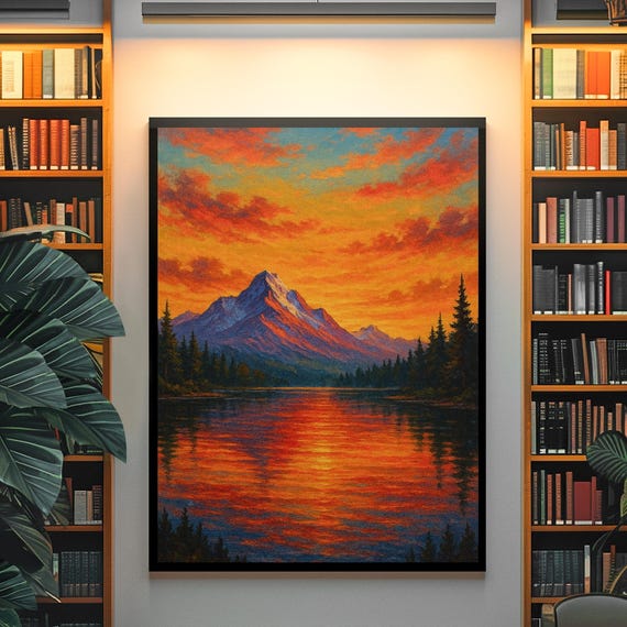 Mountain Sunset Print Lake Landscape Wall Art