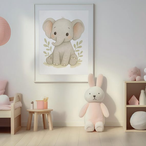 Nursery Wall Art Cute Baby Elephant Illustration Kids Room Decor Safari Animal Shower Gift