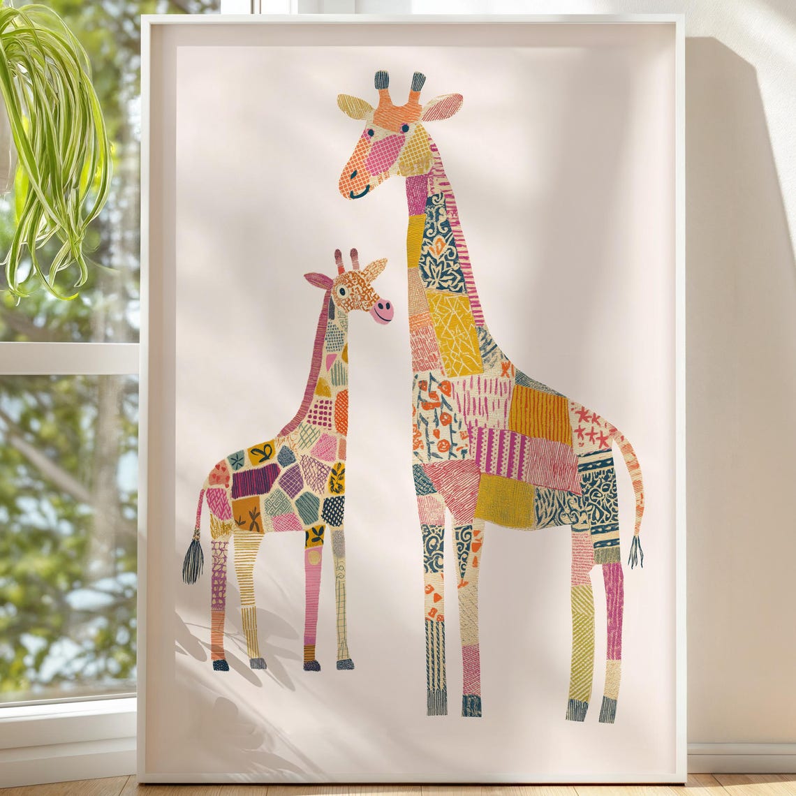 Mother And Baby Giraffe In Patchwork Folk Art Patterns Colorful Print