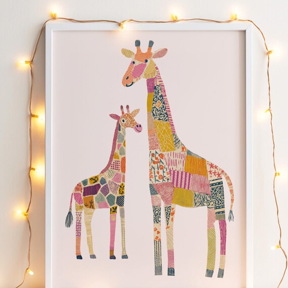 Patchwork Giraffe Mom and Baby Boho Nursery Safari Animal Art Poster