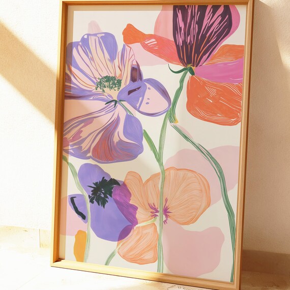 Pastel Poppy Flowers In Lavender And Peach Soft Modern Floral Print
