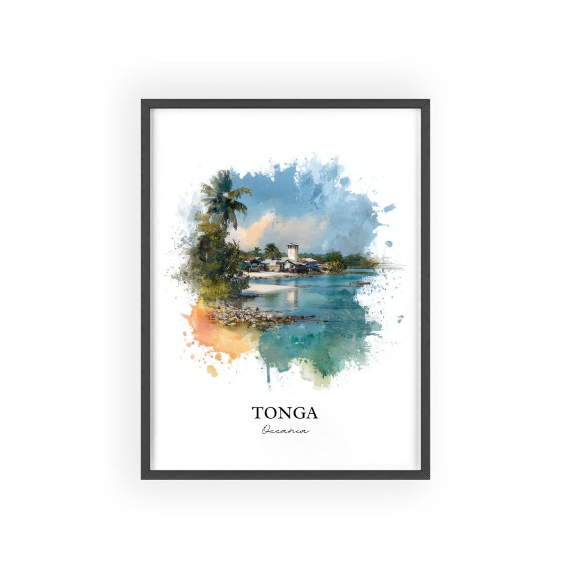 Tonga Oceania Turquoise Bay Village Watercolor Island Art Poster - Image 2