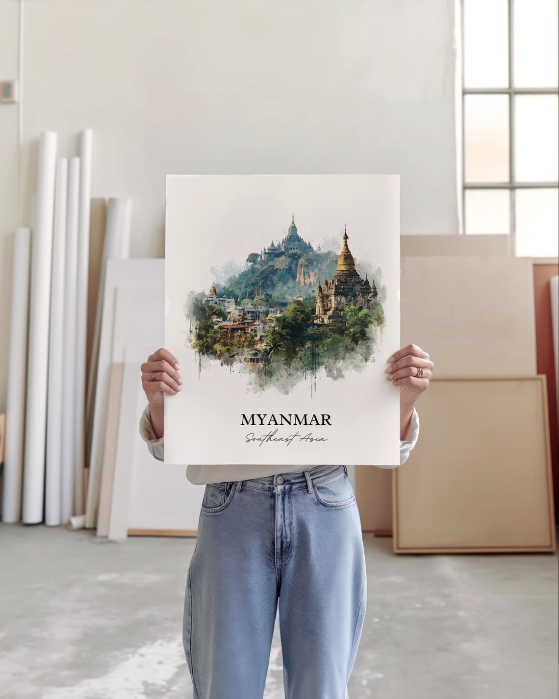 Myanmar Southeast Asia Ancient Temples Jungle Watercolor Travel Poster - Image 4