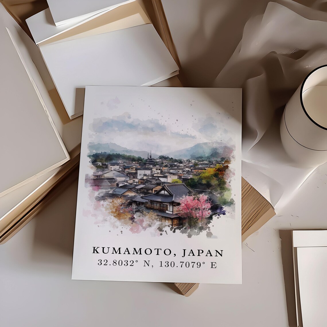 Kumamoto Japan Watercolor Art Castle Town Cherry Blossom Poster - Image 6