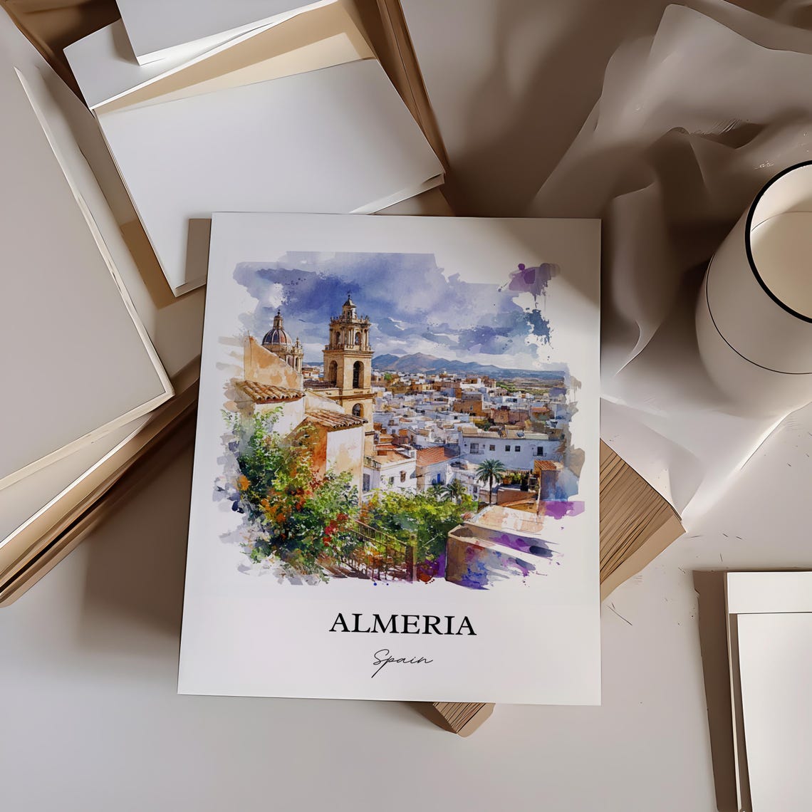 Almeria Spain Cathedral Whitewashed Town Watercolor Travel Poster - Image 4
