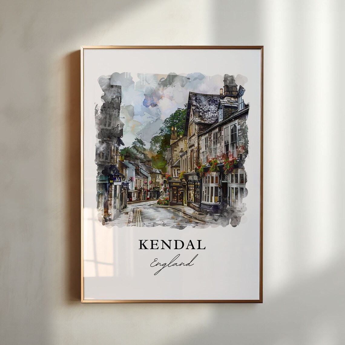 Kendal England Historic Stone Street Watercolor Travel Poster