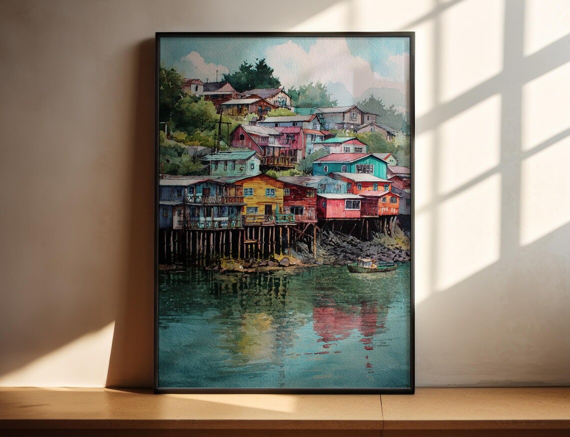 Chiloe Island Chile Palafito Stilt Houses Watercolor Travel Poster