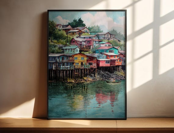 Chilo Island Watercolor Art Travel Print Chiloe Chile Artwork Decor Wall