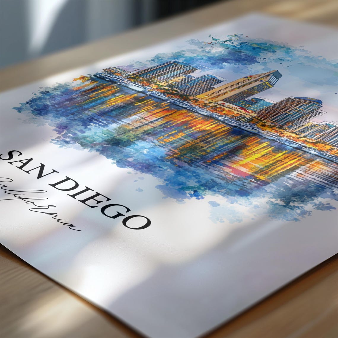 San Diego California Harbor Skyline Reflection Watercolor Poster - Image 6