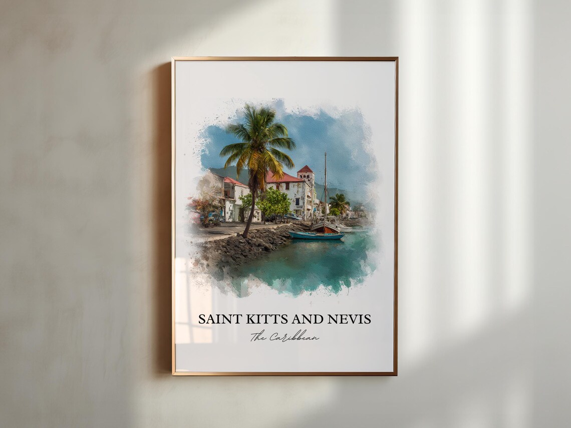 Saint Kitts and Nevis Caribbean Harbor Watercolor Art Poster - Image 5