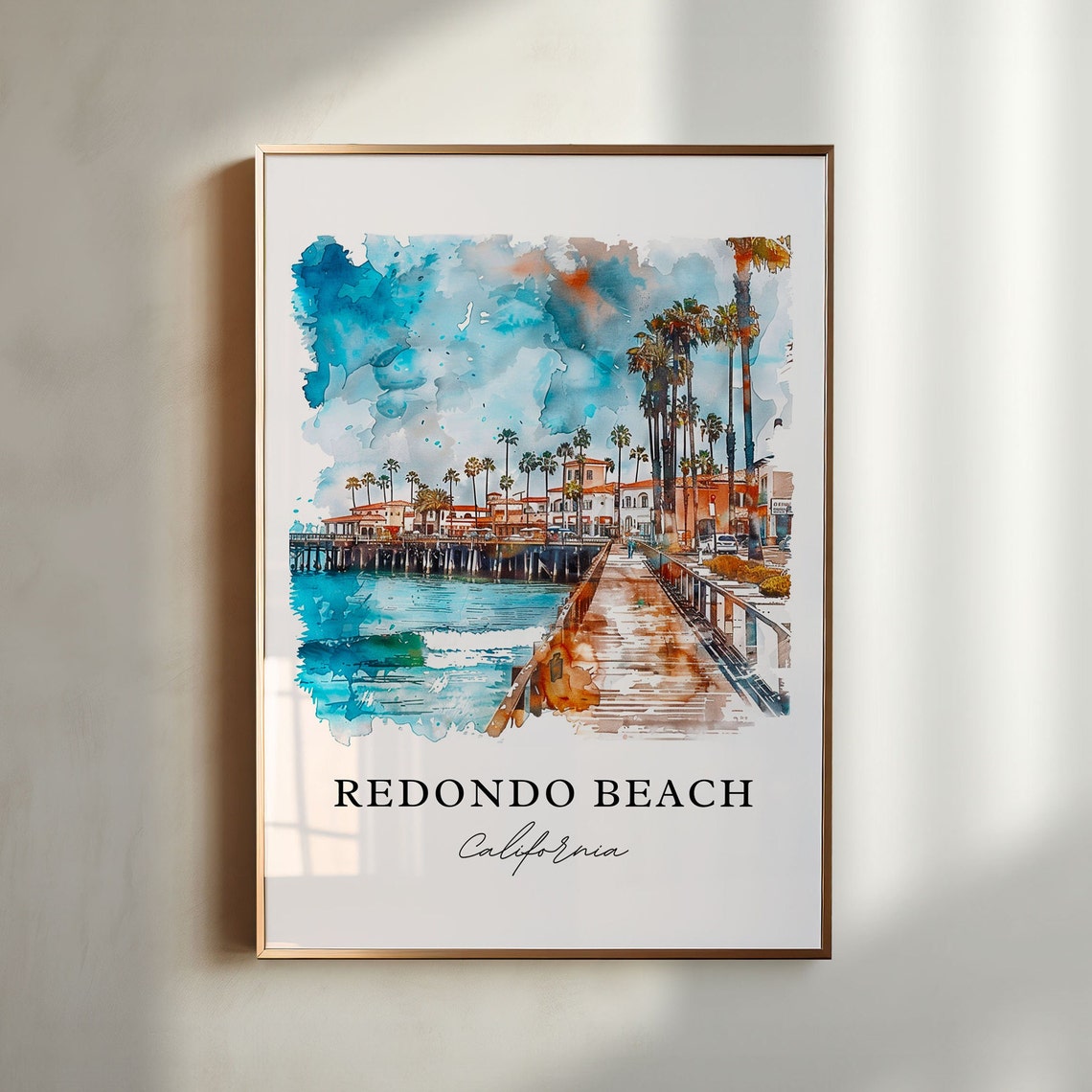 Redondo Beach California Watercolor Pier Palms Ocean Waves Poster