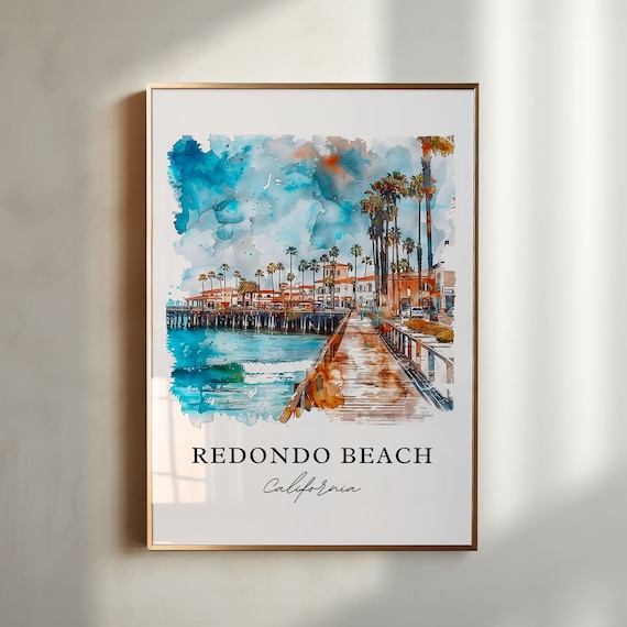 Redondo Beach California Watercolor Pier Palms Ocean Waves Poster