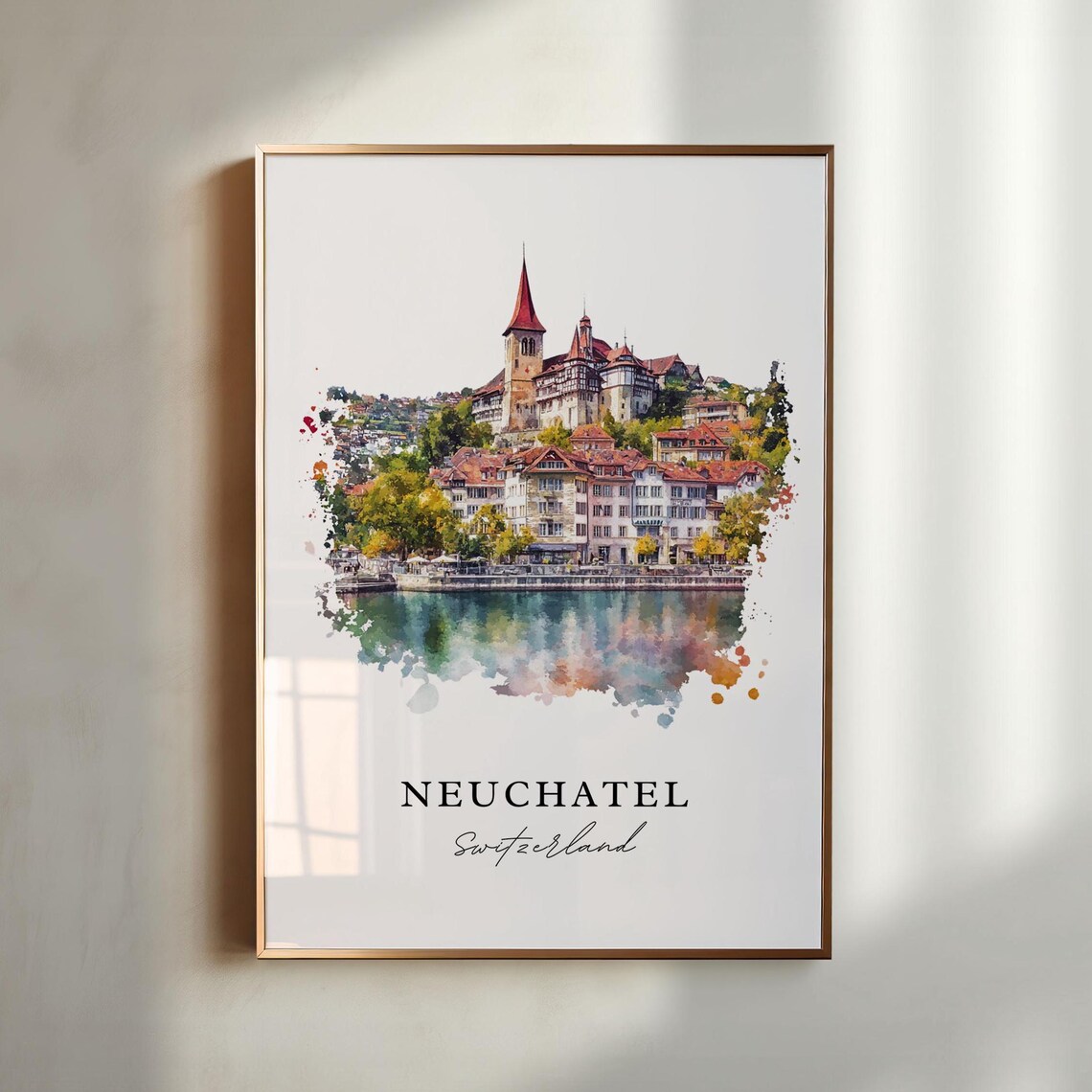 Neuchatel Switzerland Lake Town Castle Watercolor Travel Poster